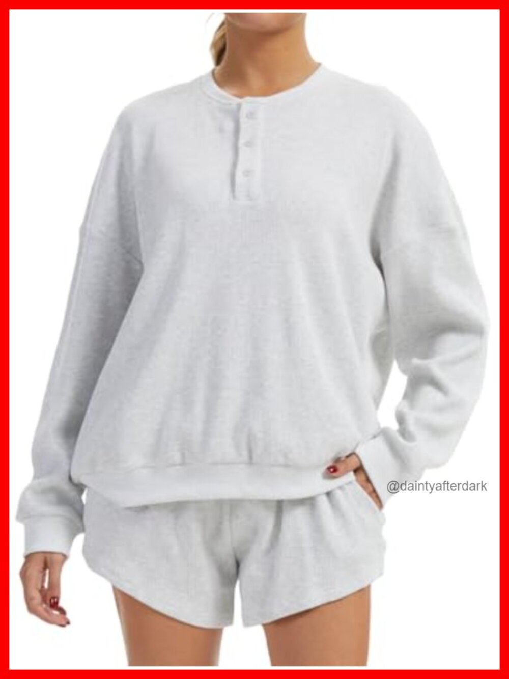 Waffle Knit 2 Piece Lounge Short Set Oversized Henley Sweatshirt